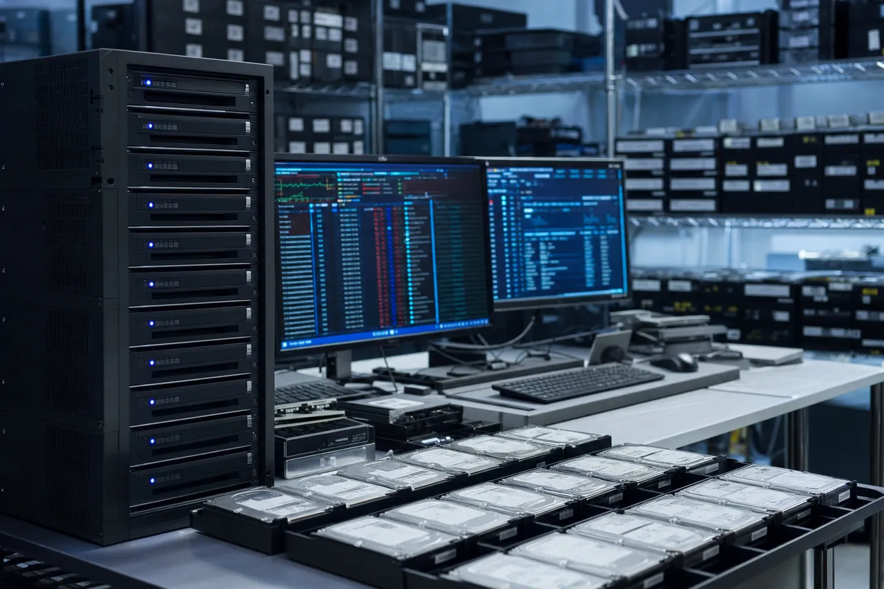 A professional enterprise data-recovery lab with a rack of servers, labeled enterprise drives, and monitors showing virtual machine and datastore recovery diagnostics
