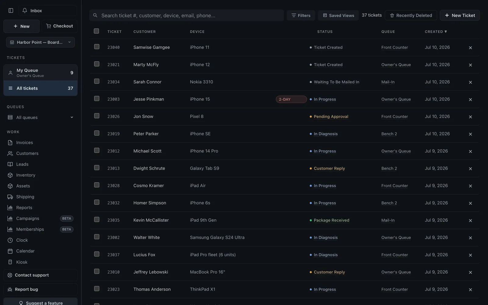 BenchKey ticket queue showing 37 open repair tickets with statuses, queues, and customers