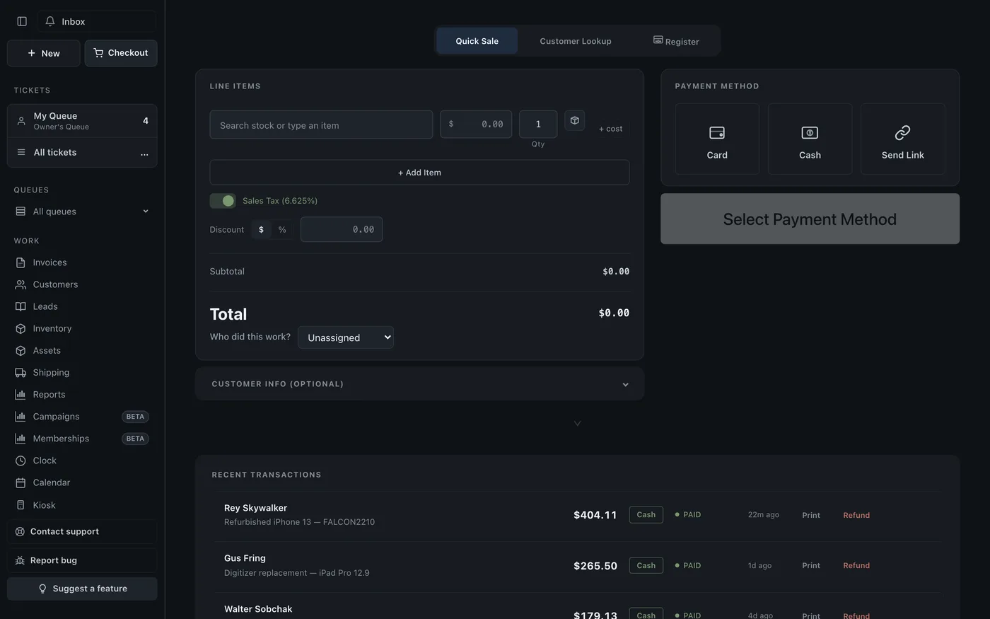 BenchKey point-of-sale checkout screen with a cart, totals, and payment buttons