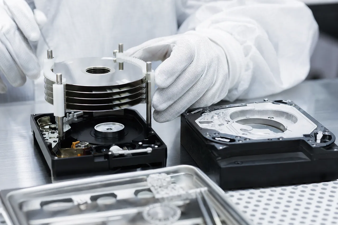 A hard drive platter transplant in progress on a clean bench, platters lifted with a precision removal tool and alignment combs beside a donor chassis