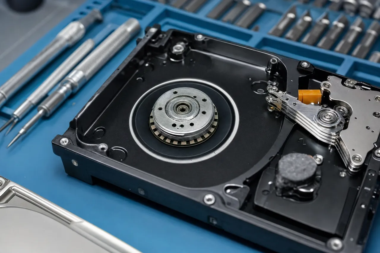 An opened hard drive with the platters removed to expose the central spindle motor hub, a seized brushless DC spindle motor on a clean technician bench