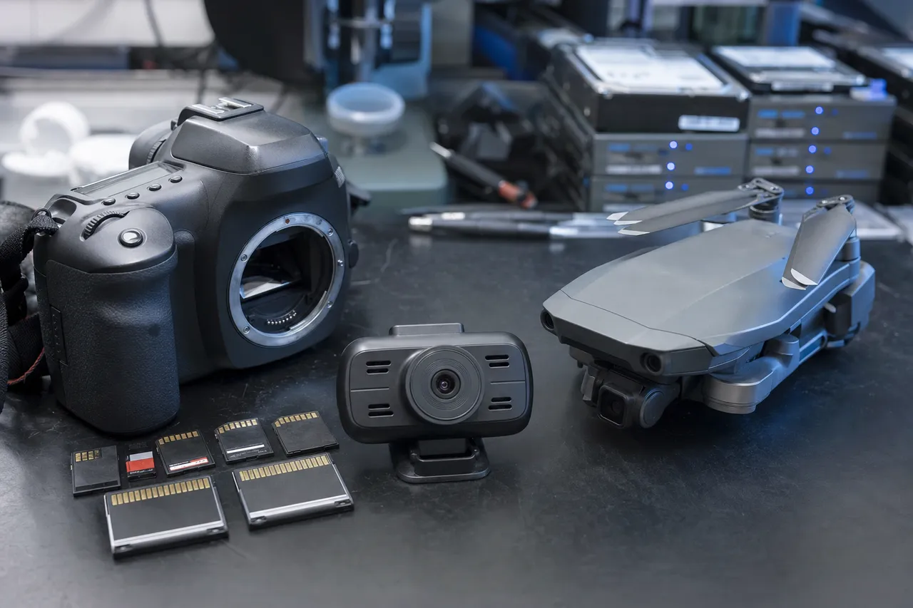 A DSLR camera body, a dashcam, a folded DJI-style drone, and several memory cards arranged on a dark workbench for data recovery, with labeled drives on shelves in the background