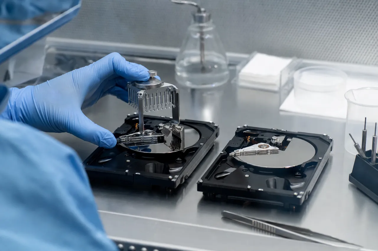 A technician performing a hard drive head swap inside a particle-controlled clean bench, two matched drives open side by side with a head replacement tool.