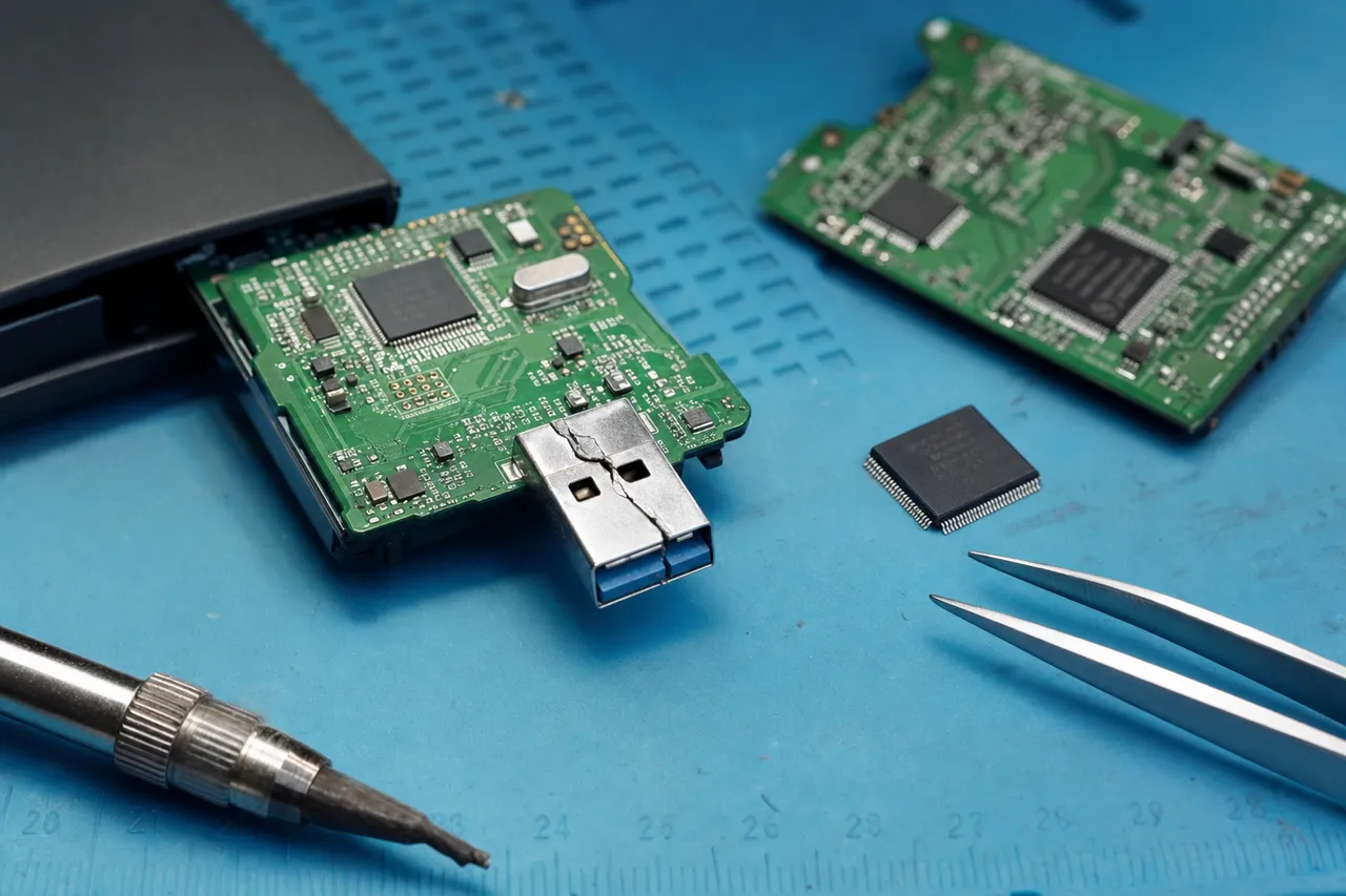 Macro of an external portable hard drive PCB and a cracked USB connector on an anti-static lab mat with micro-soldering tools and a donor board ready for a ROM transplant.