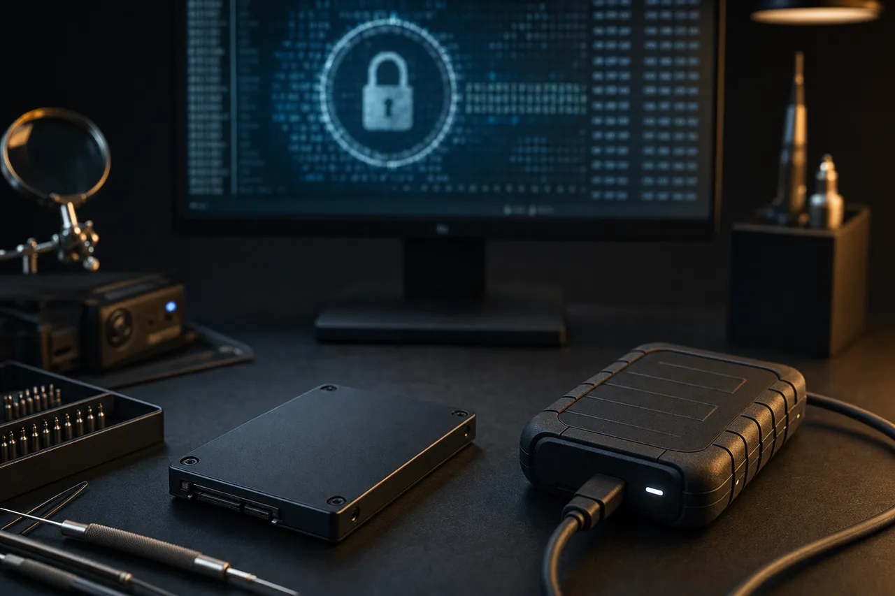 Encrypted device data recovery - secure storage drive being decrypted through its original hardware in the lab