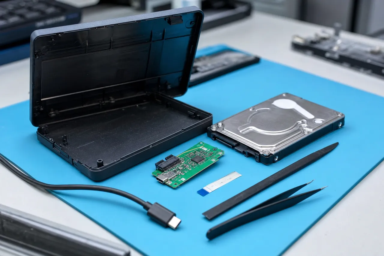 A portable external hard drive opened on the bench to reveal the internal 2.5-inch drive lying separately from its small USB bridge circuit board