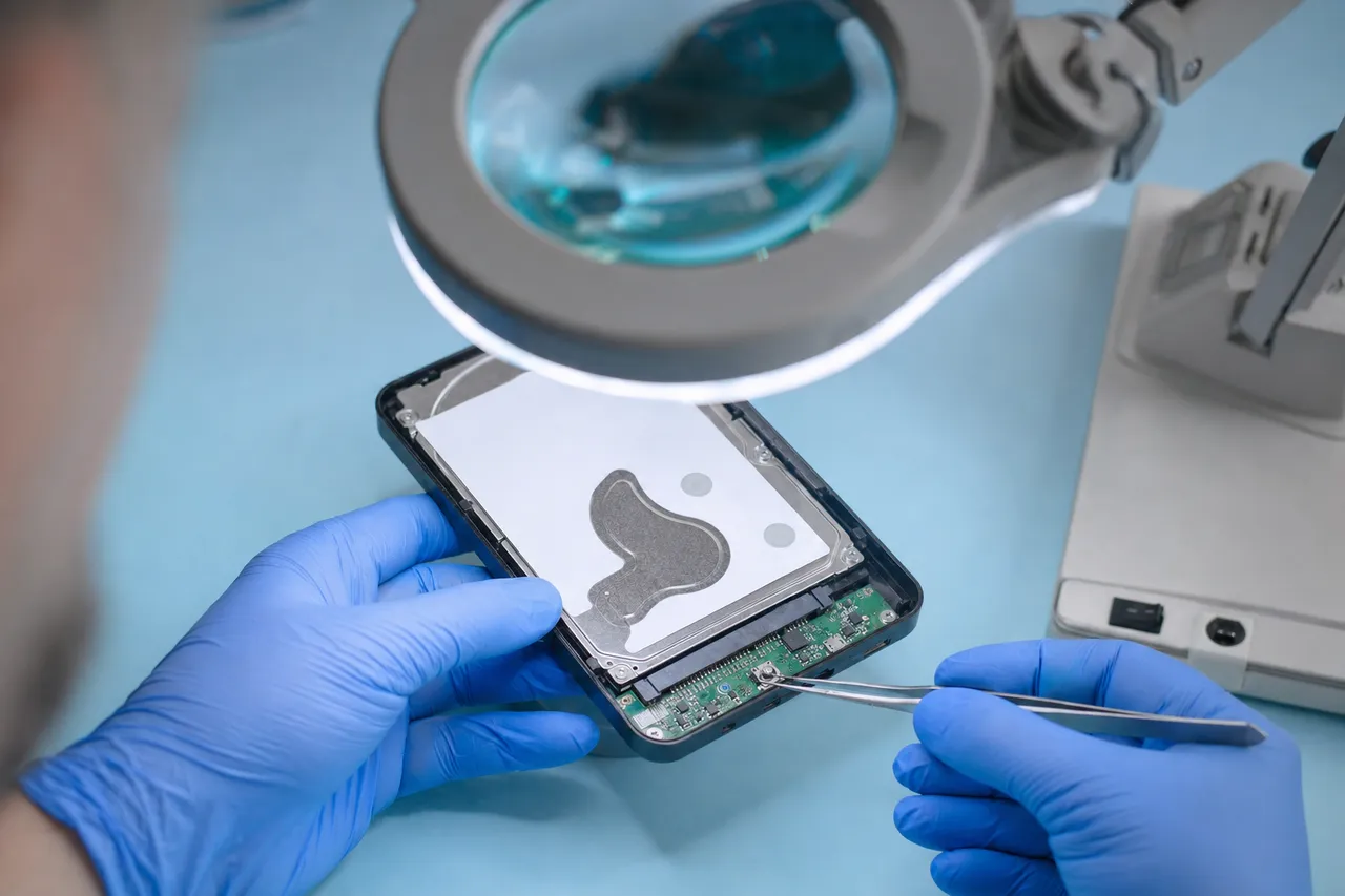 A slim black portable external hard drive opened to expose its internal 2.5-inch drive and a tiny micro-USB bridge board examined under a magnifier lamp