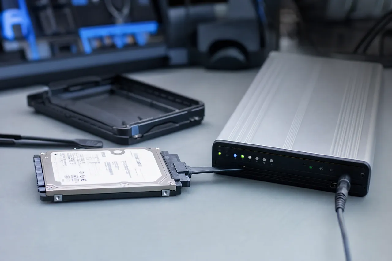 A bare hard drive removed from its external enclosure and connected by a SATA cable directly to a professional imaging device, the empty plastic case set aside