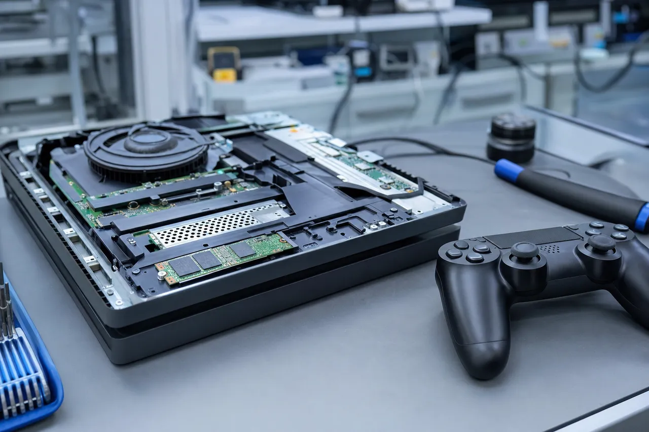 A modern game console opened to reveal its internal storage and mainboard on a recovery bench, a wireless controller resting beside it