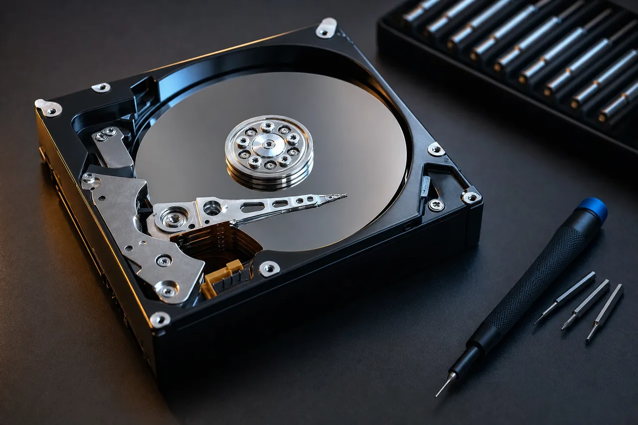 Open hard drive showing the read/write head over the platters