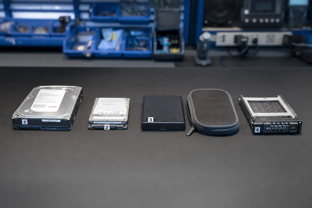 A lineup of Seagate-style external and internal hard drives, from portable Backup Plus to desktop Expansion models, staged on the recovery bench