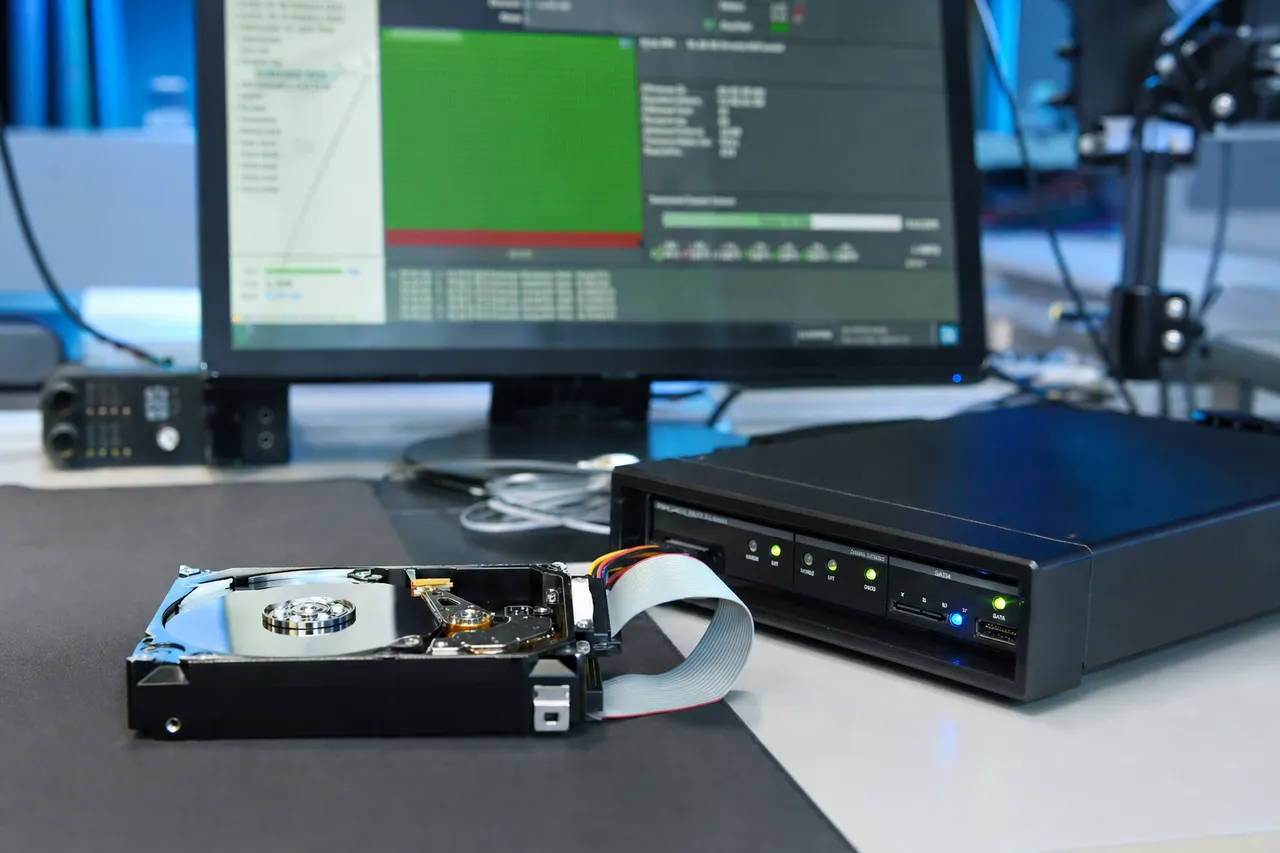 A professional hard drive imaging station in the lab where drives are safely cloned sector-by-sector, illustrating careful drive handling