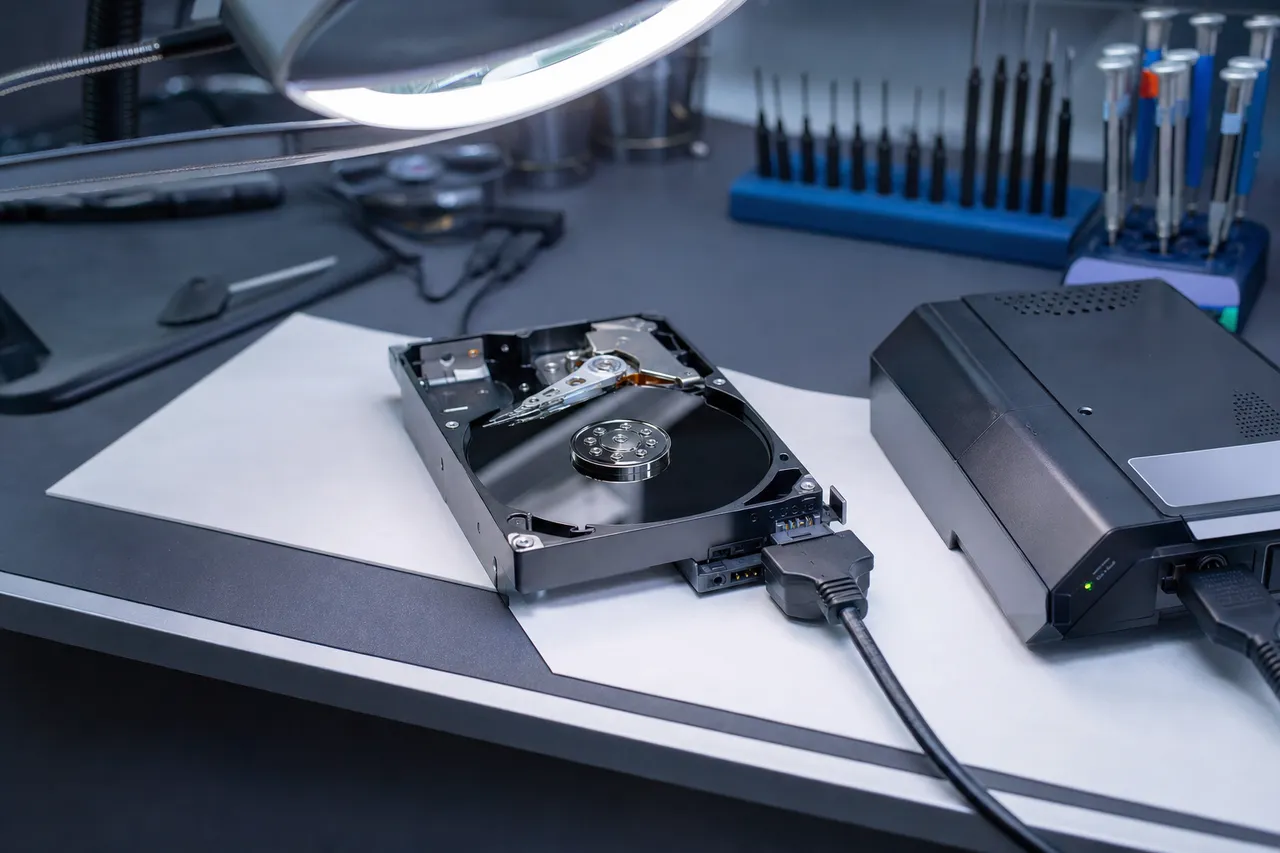 An opened 3.5-inch Hitachi Deskstar desktop hard drive connected to a hardware imaging device under a magnifier lamp on the MDrepairs bench