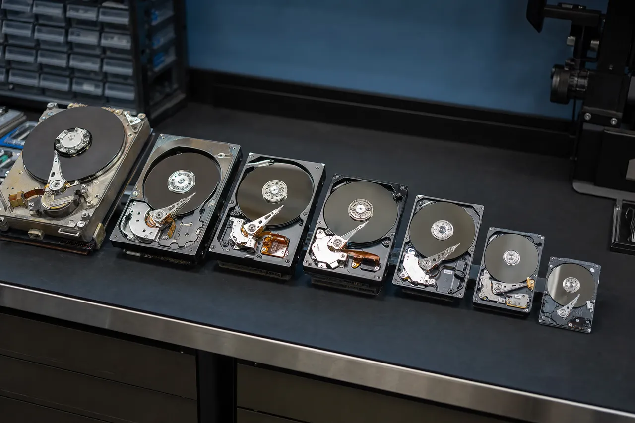 A heritage lineup of vintage and modern internal hard drives staged on the data recovery bench, from 3.5-inch desktop to 2.5-inch laptop models