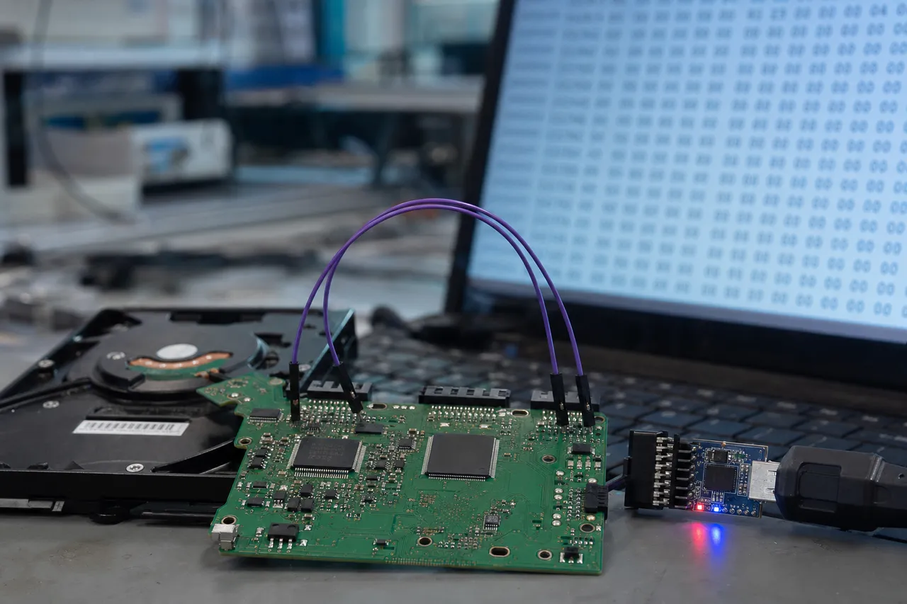 A Hitachi drive PCB with diagnostic jumper wires and a serial terminal adapter clipped to its test pads, hexadecimal firmware data on a screen behind it