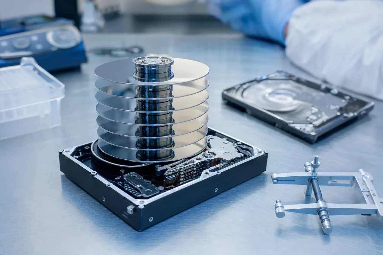 A disassembled multi-platter hard drive showing a stack of mirrored platters with aluminum spacer rings and a platter-removal alignment tool on a clean room bench