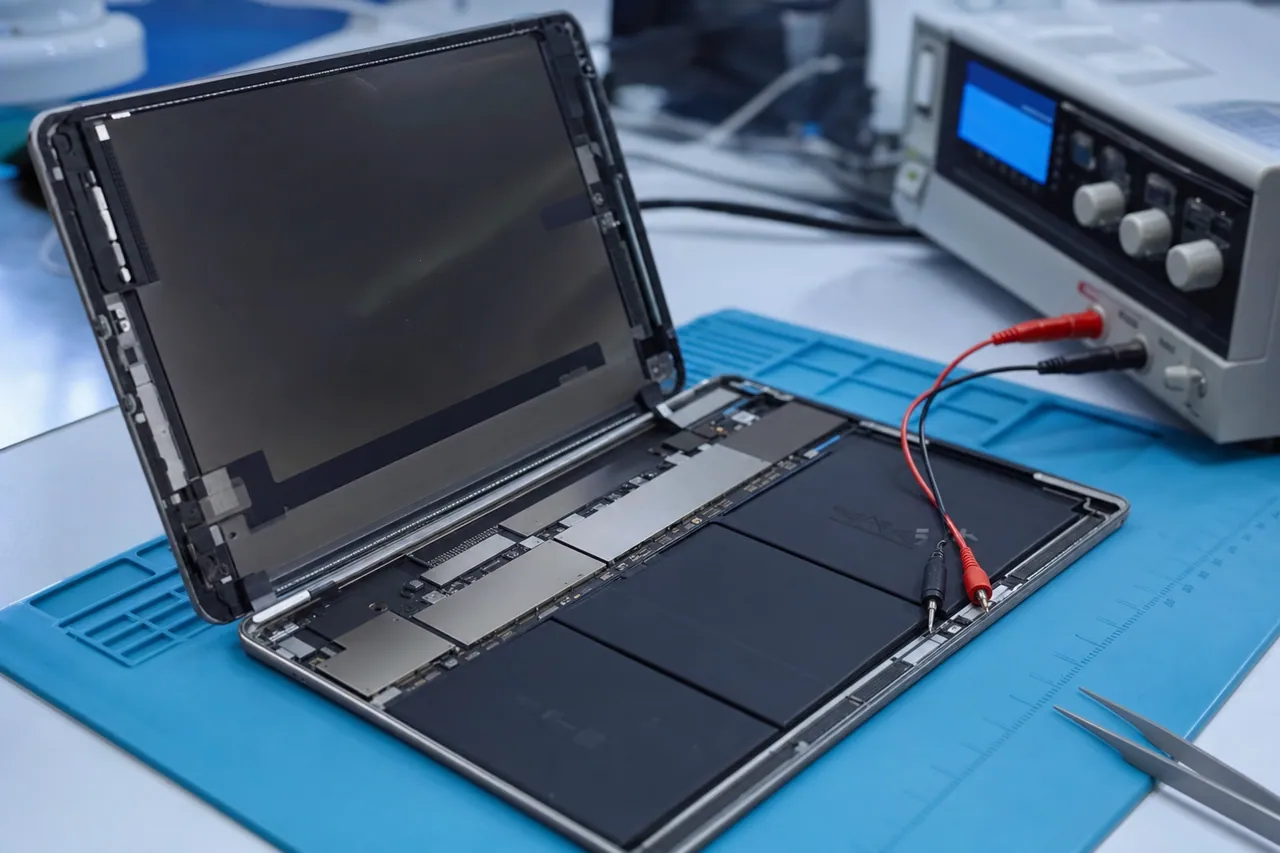 A thin iPad Air opened on a repair bench with a precision power supply connected to the battery terminals for controlled board-level charging