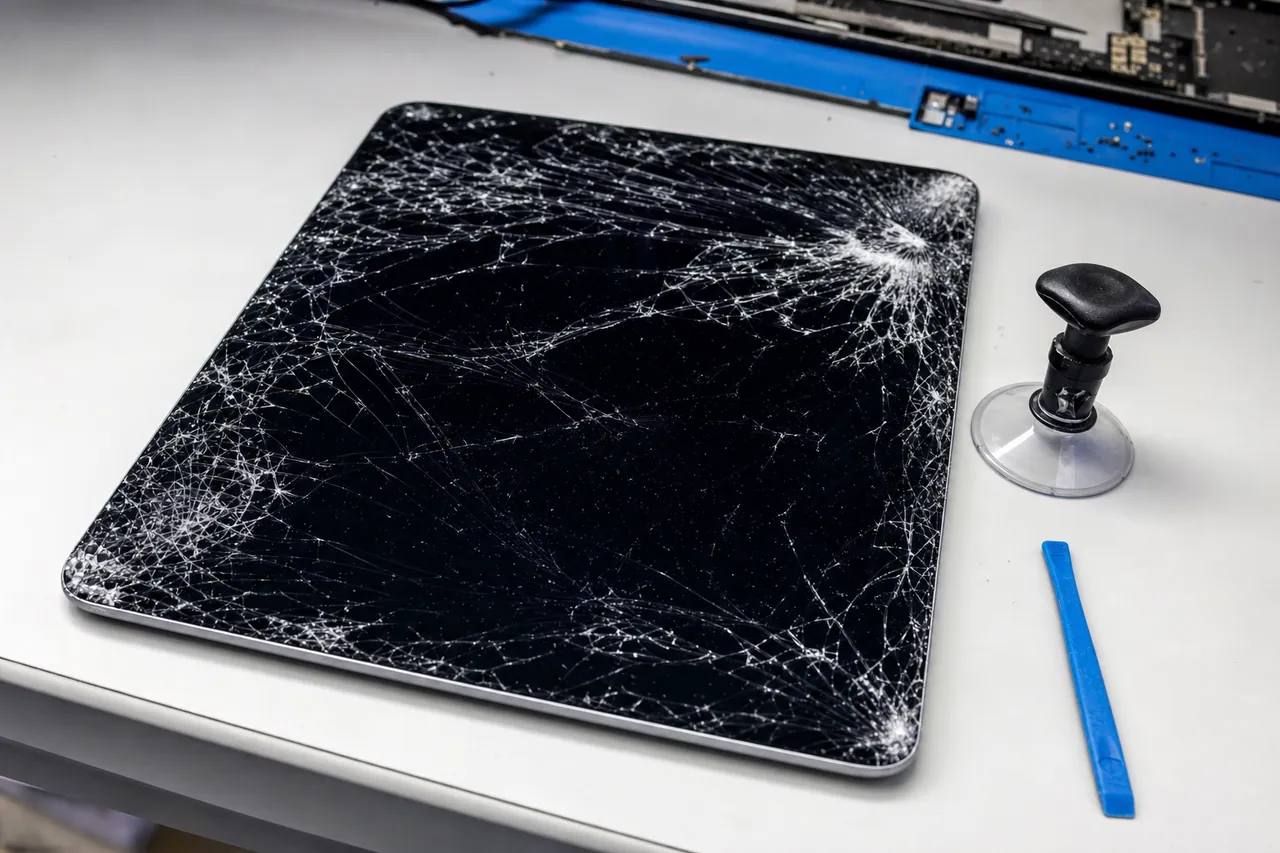 An iPad with a severely shattered glass screen on a technician workbench beside a suction-cup display removal tool