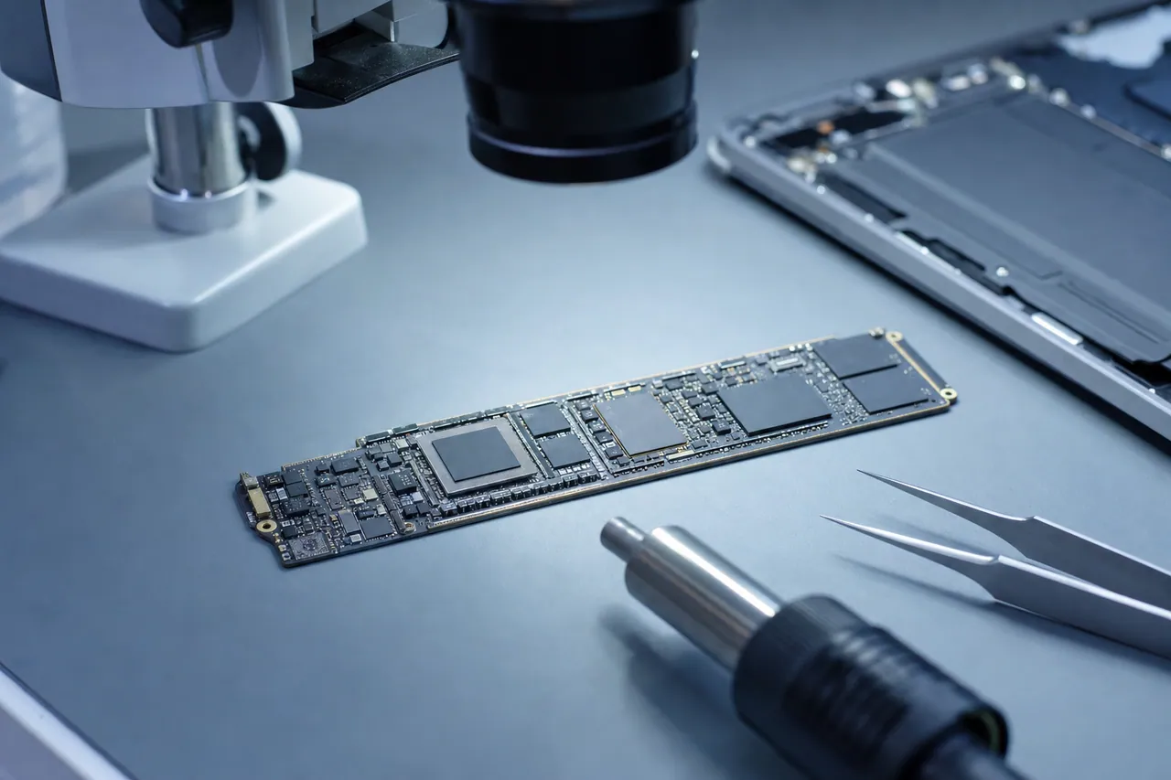An iPad Pro logic board under a microscope showing the Apple system-on-chip and soldered BGA NAND packages during board-level micro-soldering