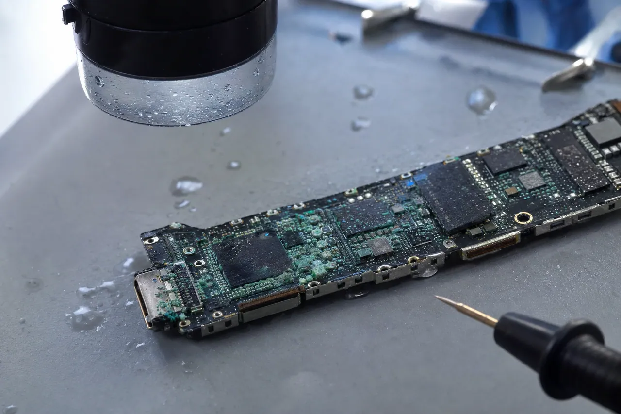 Macro view of a water-damaged iPad logic board with green copper chloride corrosion around the charging controller during ultrasonic cleaning