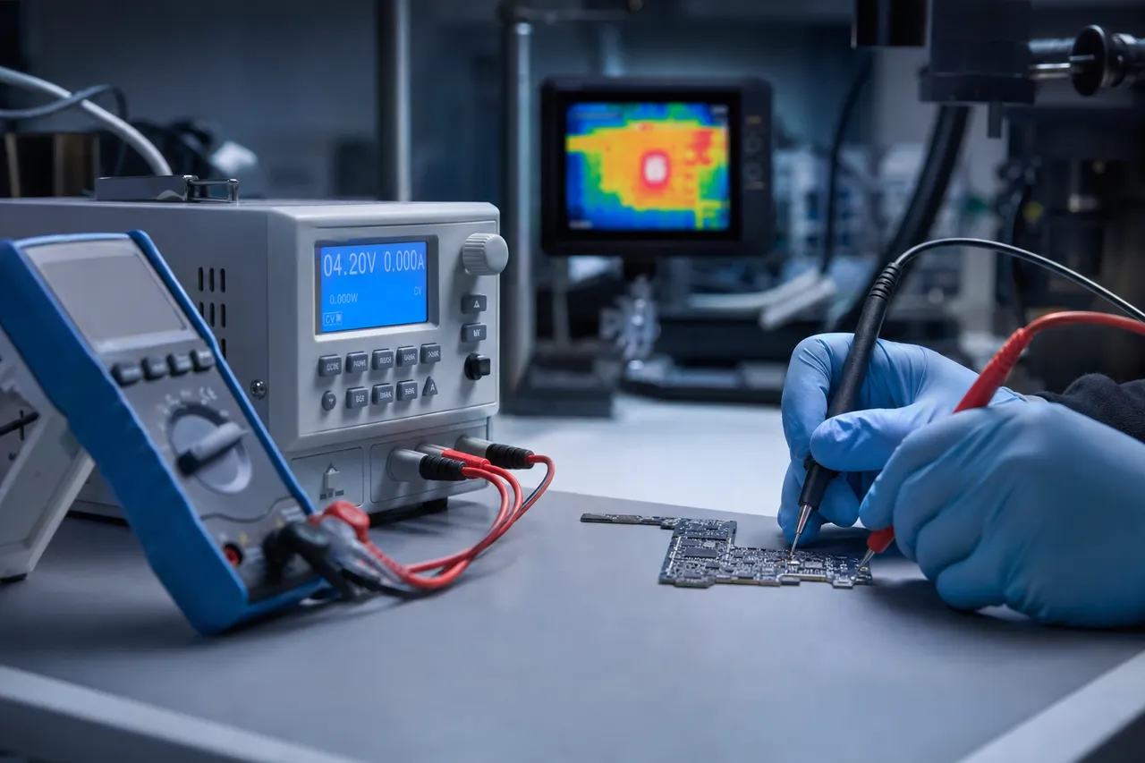 An iPhone logic board connected to a programmable bench power supply with fine multimeter probes touching test points during dead-iPhone diagnostics at the MDrepairs lab