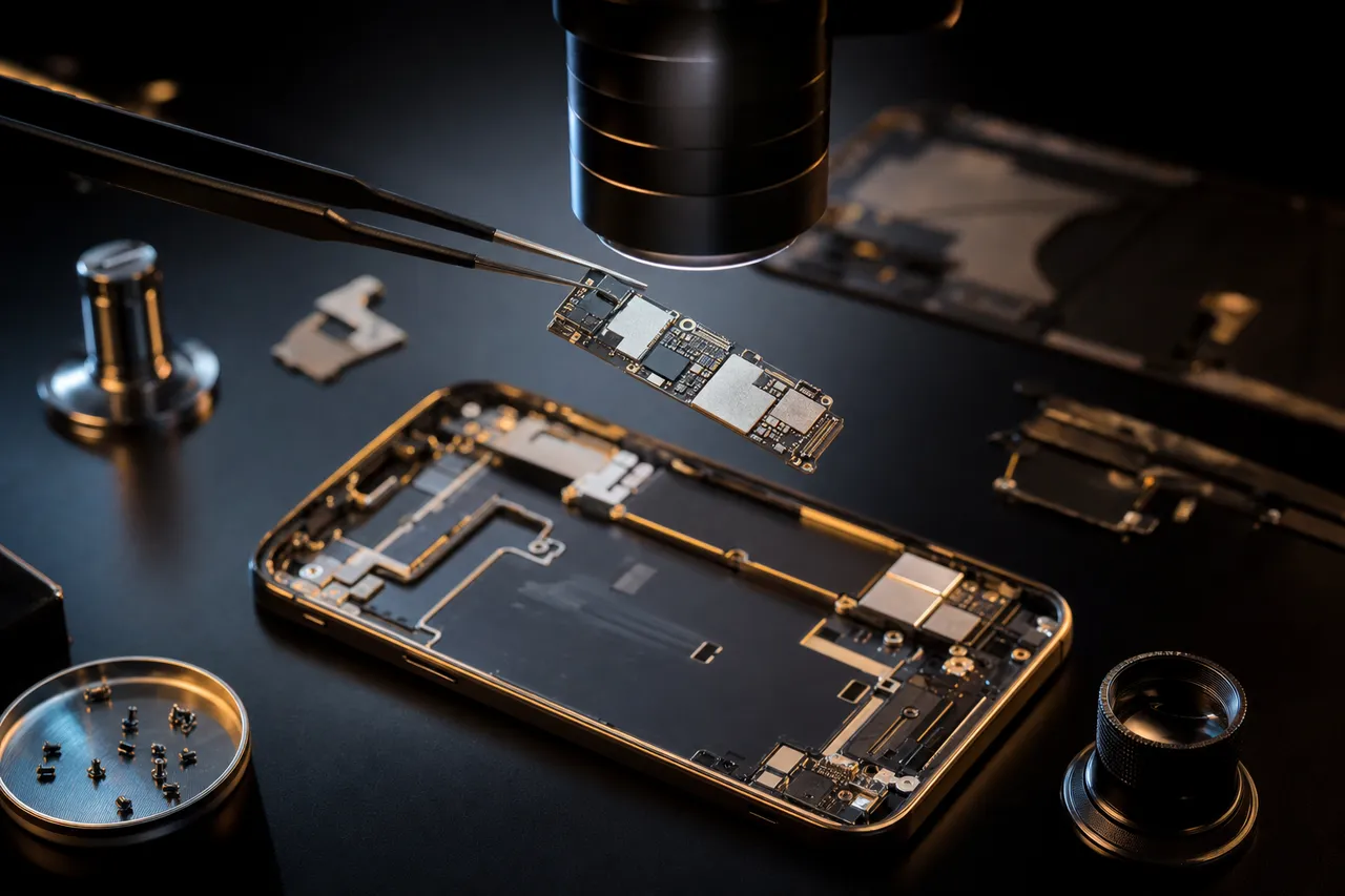 iPhone data recovery - iPhone logic board on a rework station for component-level micro-soldering and NAND extraction