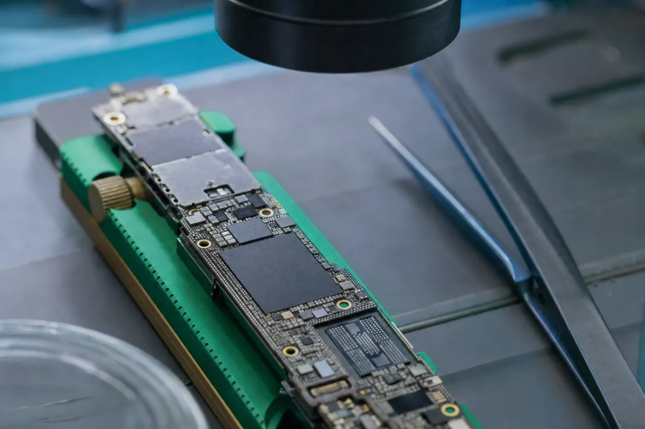 Extreme macro of an iPhone logic board under a microscope showing the processor and NAND flash packages and gold contact pads, with fine tweezers resting beside it
