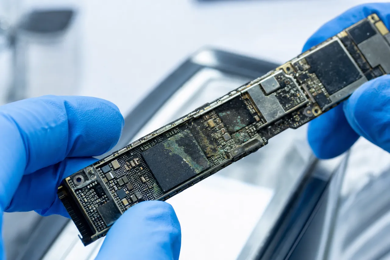 A liquid-damaged iPhone logic board with faint greenish corrosion spreading across the copper traces, inspected under clinical light in the MDrepairs lab before ultrasonic cleaning