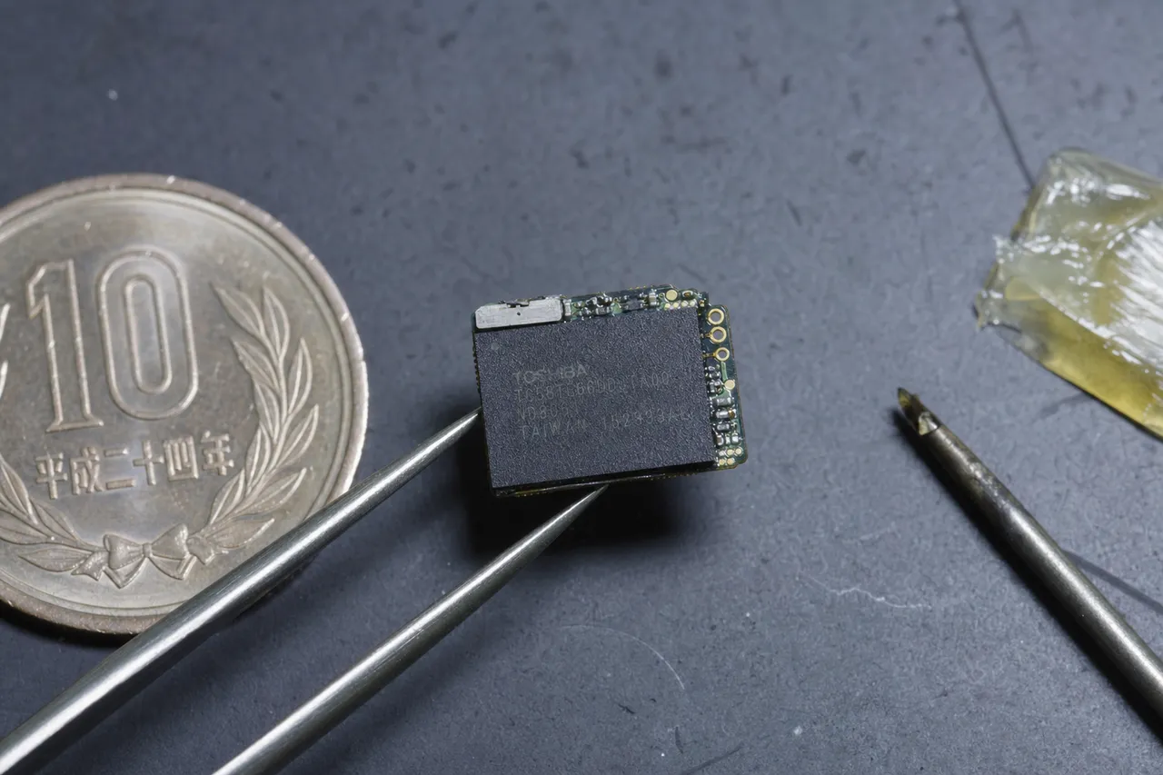 Extreme macro of a postage-stamp-sized circuit board from a tiny clip-on music player, a single black NAND flash chip occupying most of the board, held by fine tweezers next to a coin for scale.