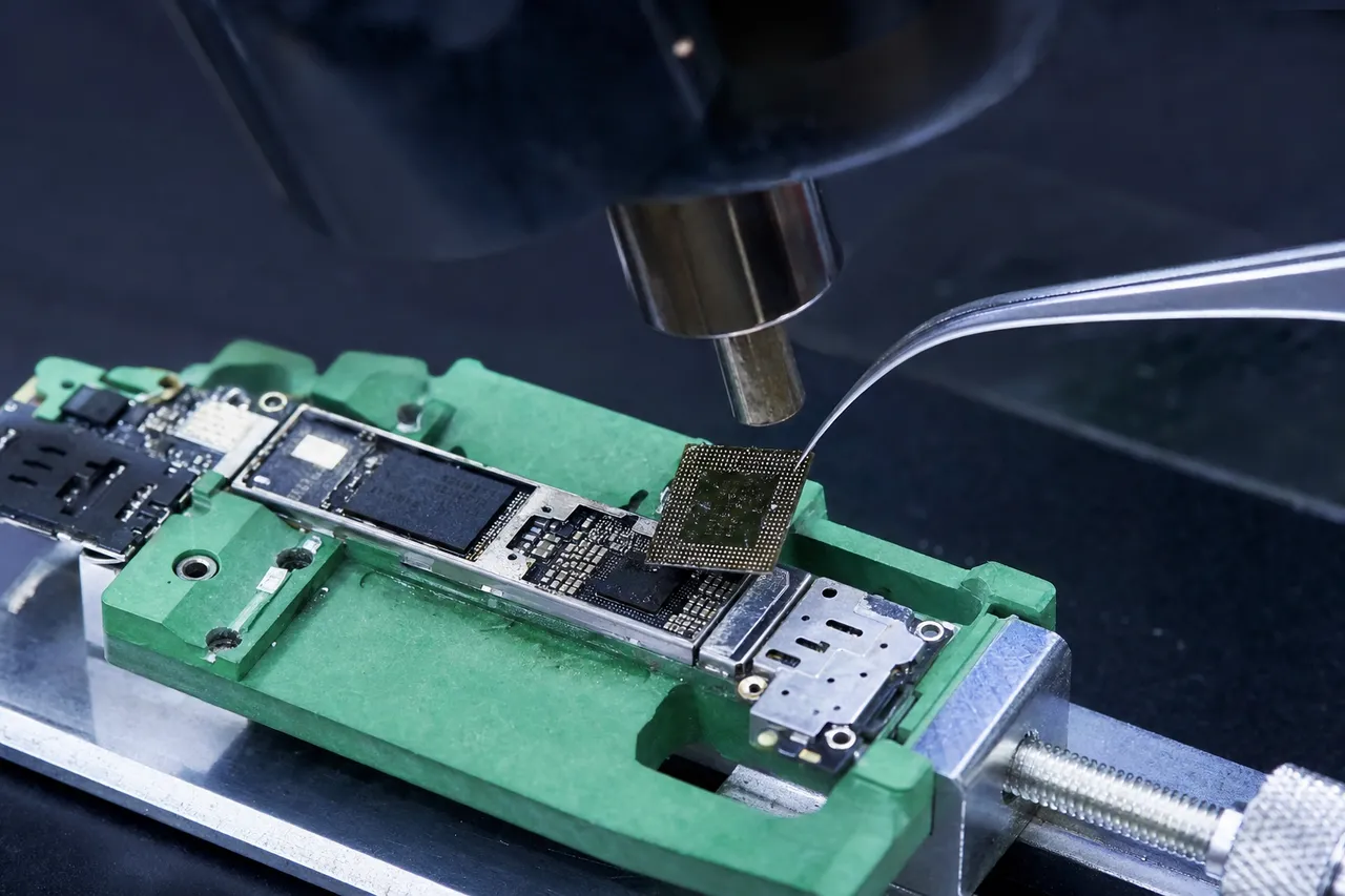 Macro of an iOS device logic board in a green PCB holder under a microscope, a multi-die BGA NAND flash chip being desoldered with a hot-air rework station and fine tweezers.