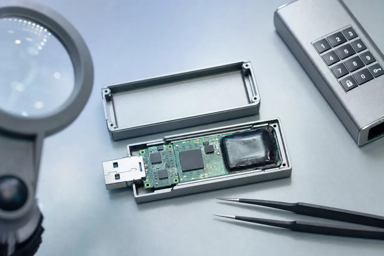 A rugged metal-bodied hardware-encrypted Kingston IronKey USB drive opened on the bench to expose its controller chip and tamper-resistant security module, a keypad drive nearby