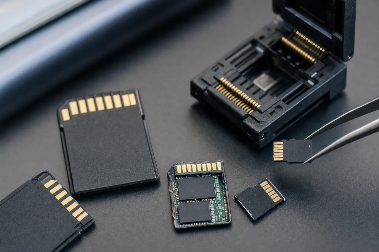 Kingston Canvas SD and microSD memory cards on a dark workbench, one cut open to reveal its internal NAND flash die, beside a specialized card reader socket
