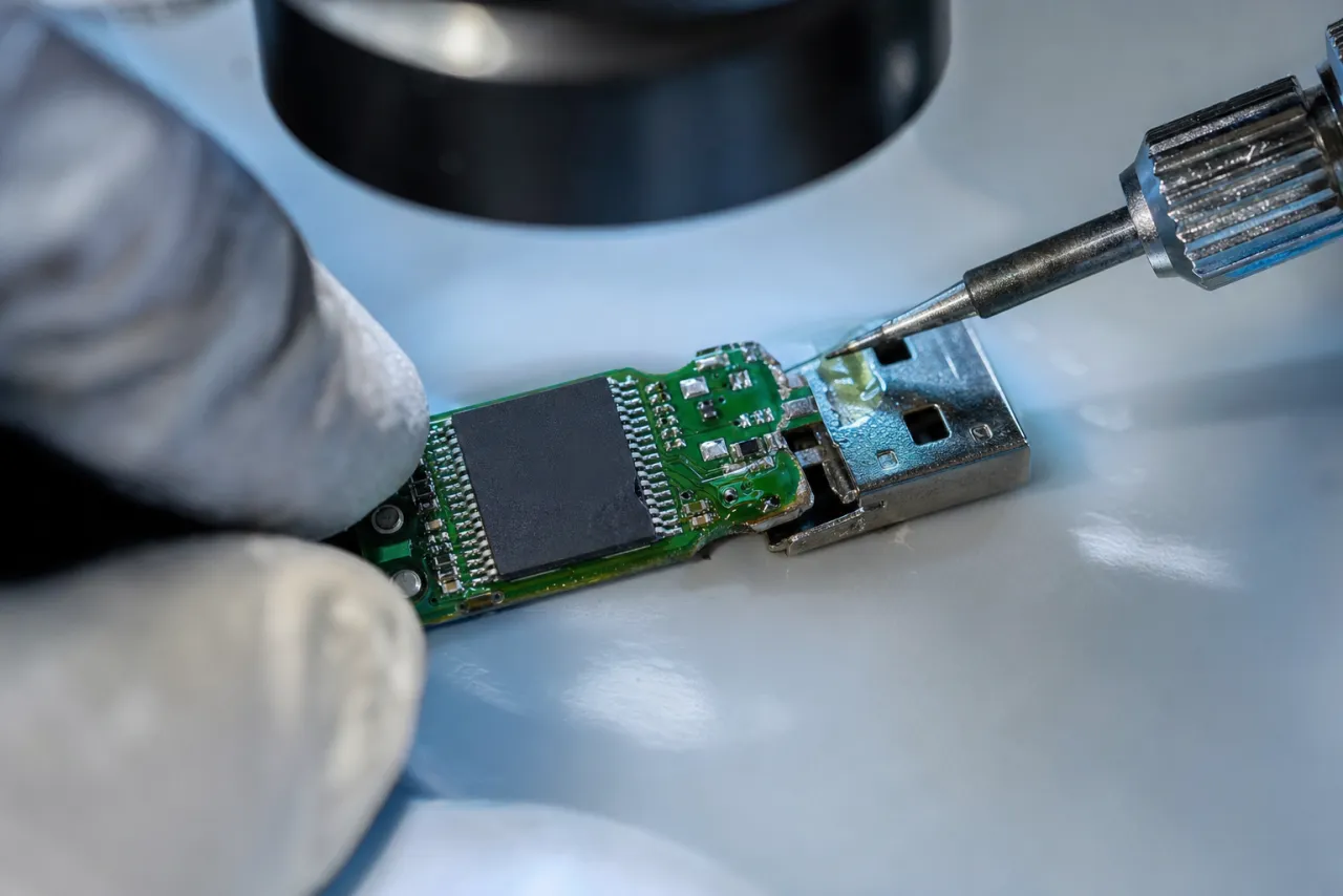 A Kingston DataTraveler USB flash drive opened to expose its bare PCB and NAND chip with a cracked, partially detached USB connector being repaired under a microscope