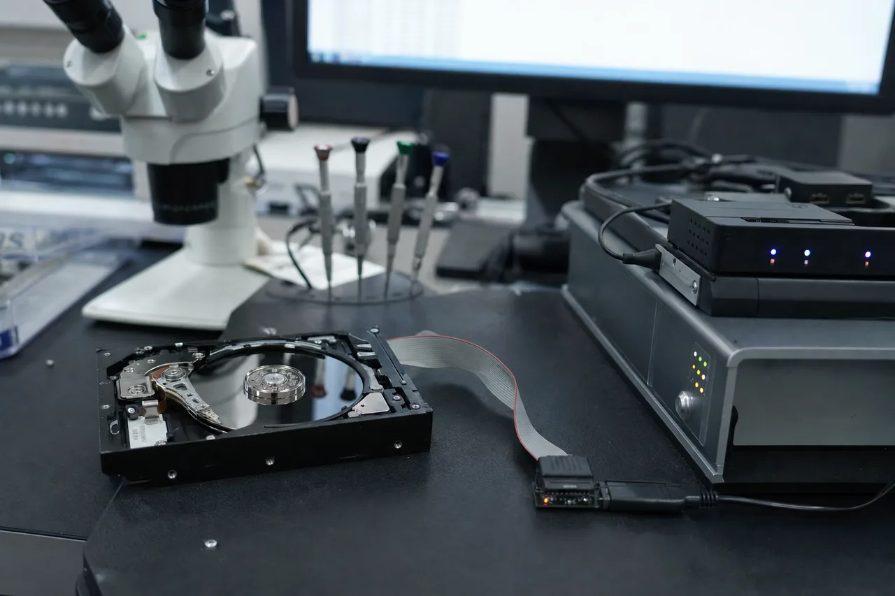 MDrepairs technician opening a hard drive to recover data in the cleanroom lab