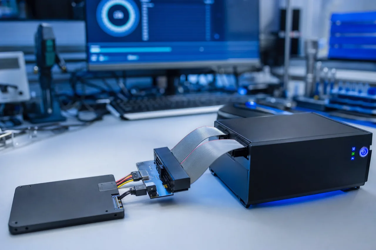 A laptop SSD connected to a forensic disk-imaging write-blocker with ribbon cables, an out-of-focus monitor showing a disk-imaging progress interface behind it.