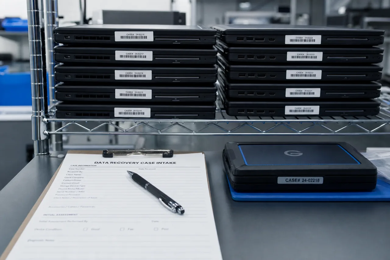 A neat row of closed black business laptops labeled with case tags on a data recovery lab intake shelf, with a clipboard and return drive in the foreground.
