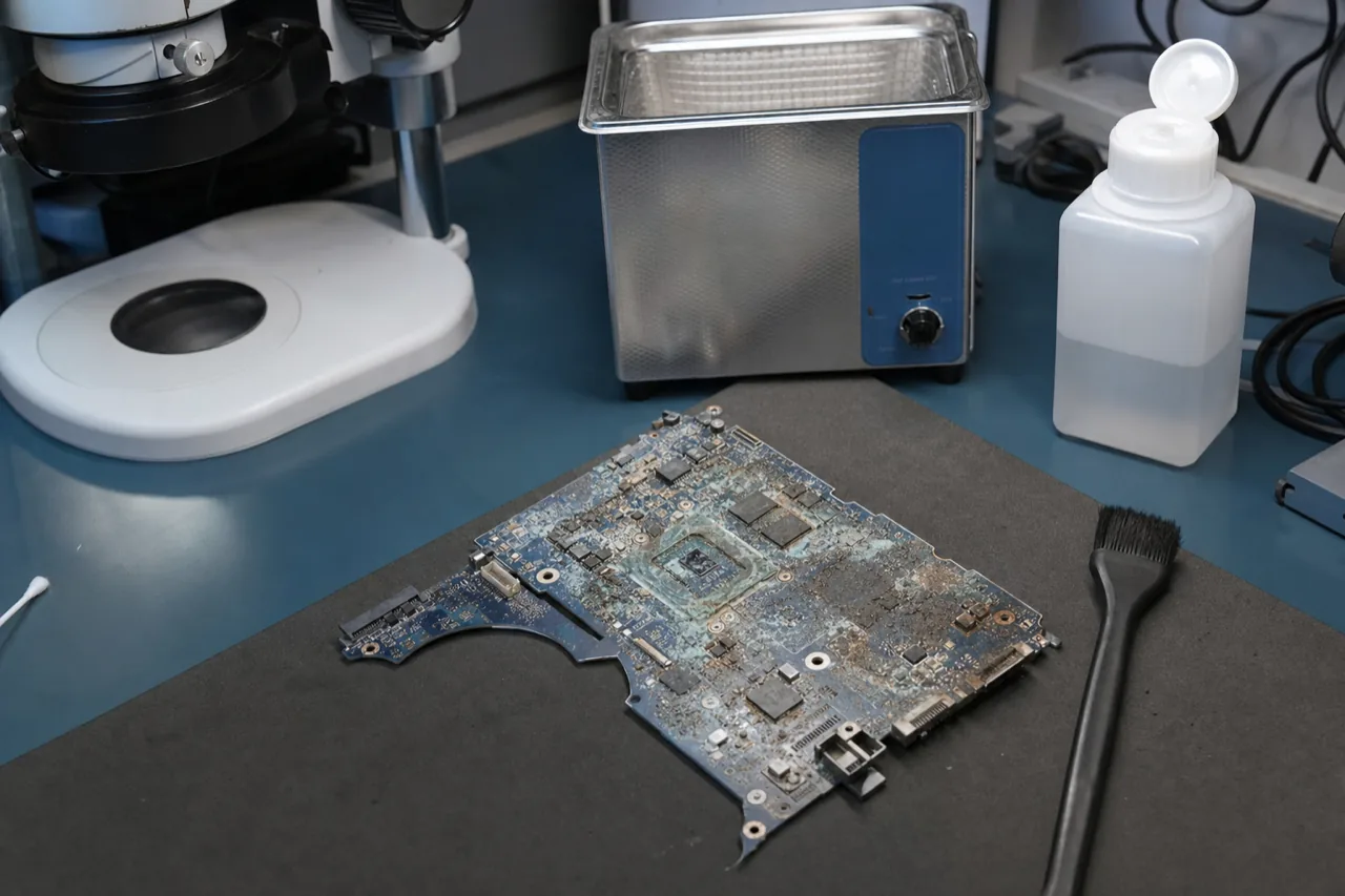 A liquid-damaged laptop motherboard showing corrosion and dried residue around the chips, beside an ultrasonic cleaning bath and isopropyl alcohol.