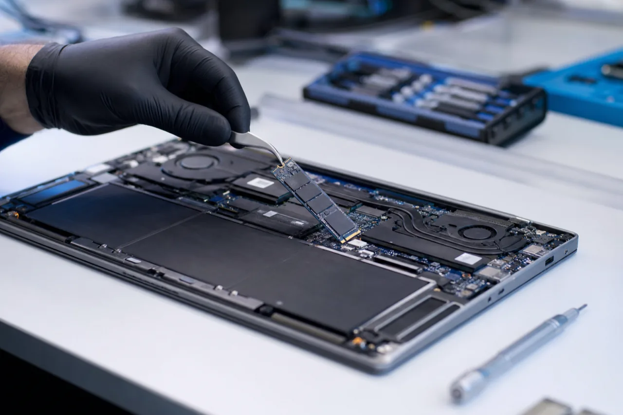 An open Windows business laptop with its bottom panel removed and a technician lifting a 2280 M.2 NVMe SSD out of the motherboard slot with anti-static tweezers.