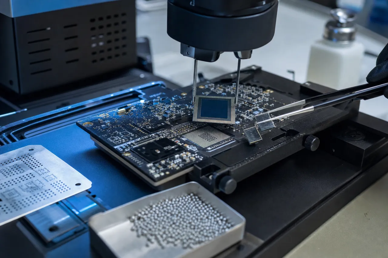 Precision BGA rework station lifting an Apple Silicon processor and two NAND flash packages off a MacBook logic board for a CPU/NAND/EEPROM transplant onto a donor board