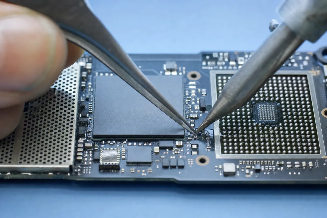 Board-level micro-soldering on a thin MacBook logic board under a stereo microscope, repairing fine traces and SMD components around the square T2 security controller