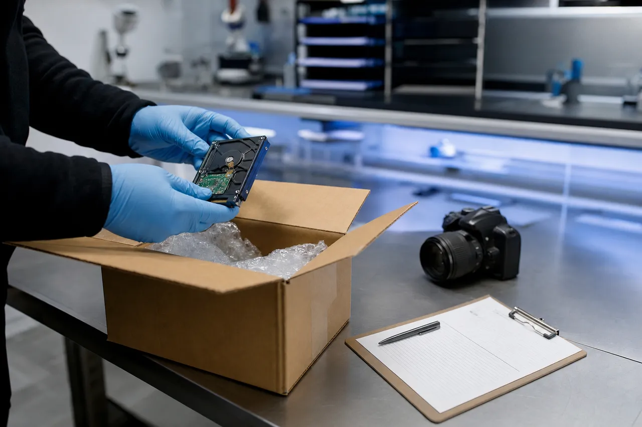 A technician in gloves lifting a received hard drive from its shipping box at the lab intake bench to photograph and log it on arrival