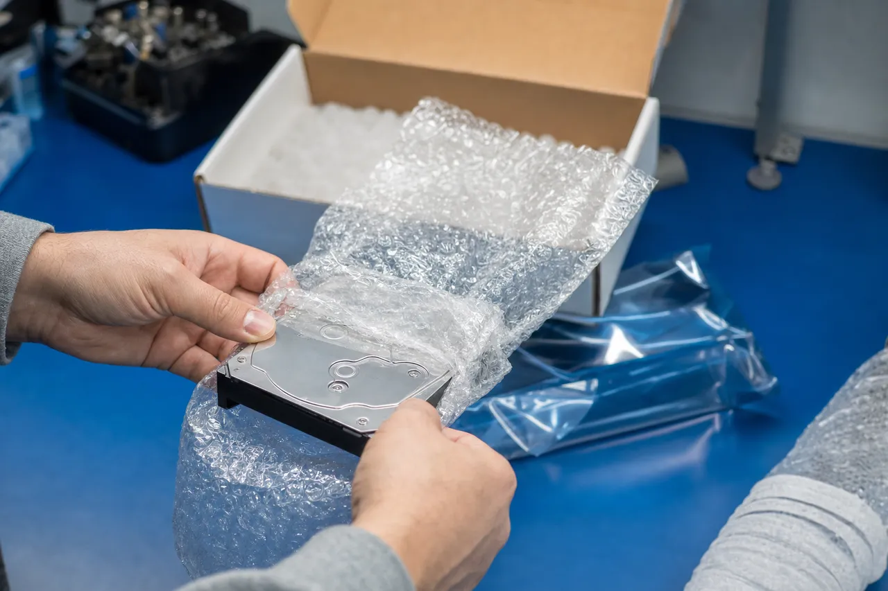A hard drive being wrapped in protective padding and placed into a small shipping box for secure mail-in data recovery