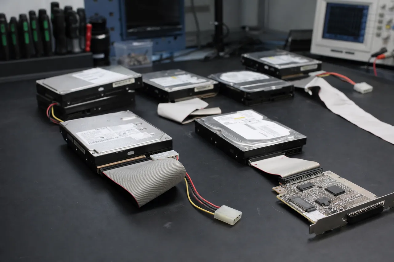 Vintage early-2000s IDE/PATA desktop hard drives with 40-pin ribbon and Molex connectors on a data recovery bench, one connected to a legacy IDE controller card