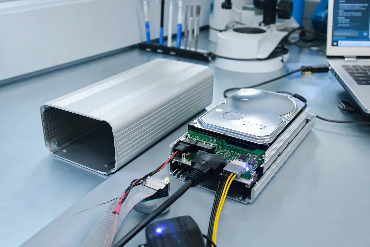 A legacy silver external desktop backup hard drive enclosure opened on a workbench to expose the internal hard drive and USB bridge board, the empty enclosure shell beside it