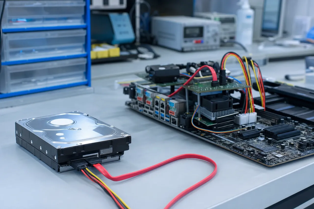 A 3.5-inch internal hard drive on a bench connected by a red SATA data cable and power cable to a test rig beside a desktop motherboard.