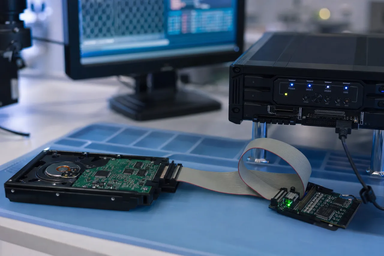 A bare opened hard drive connected by a ribbon cable to a professional data-recovery terminal, a monitor showing firmware diagnostics softly out of focus behind it.