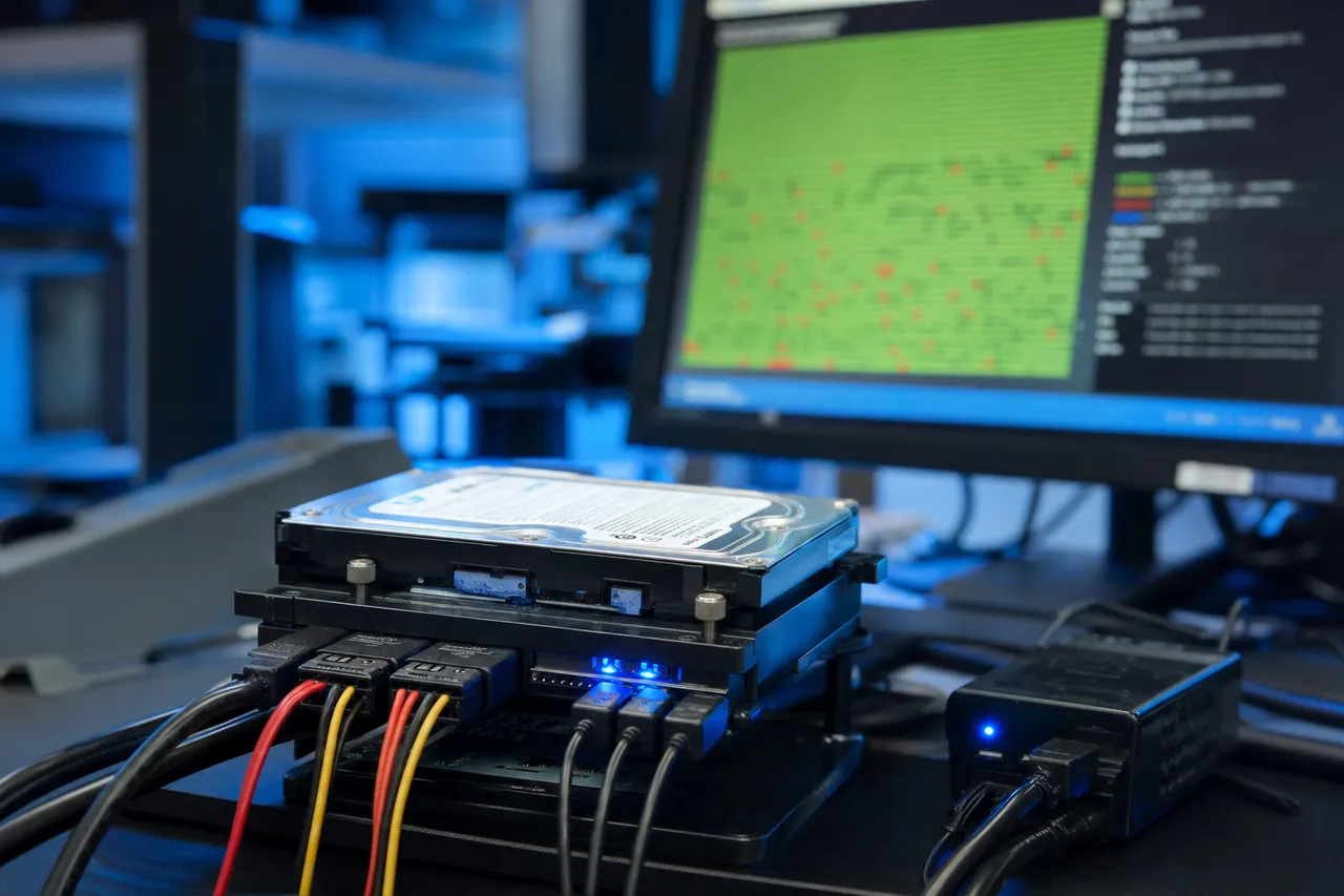 A hardware imaging station capturing a storage device sector by sector, its monitor showing a block-by-block read map with good and degraded sectors highlighted