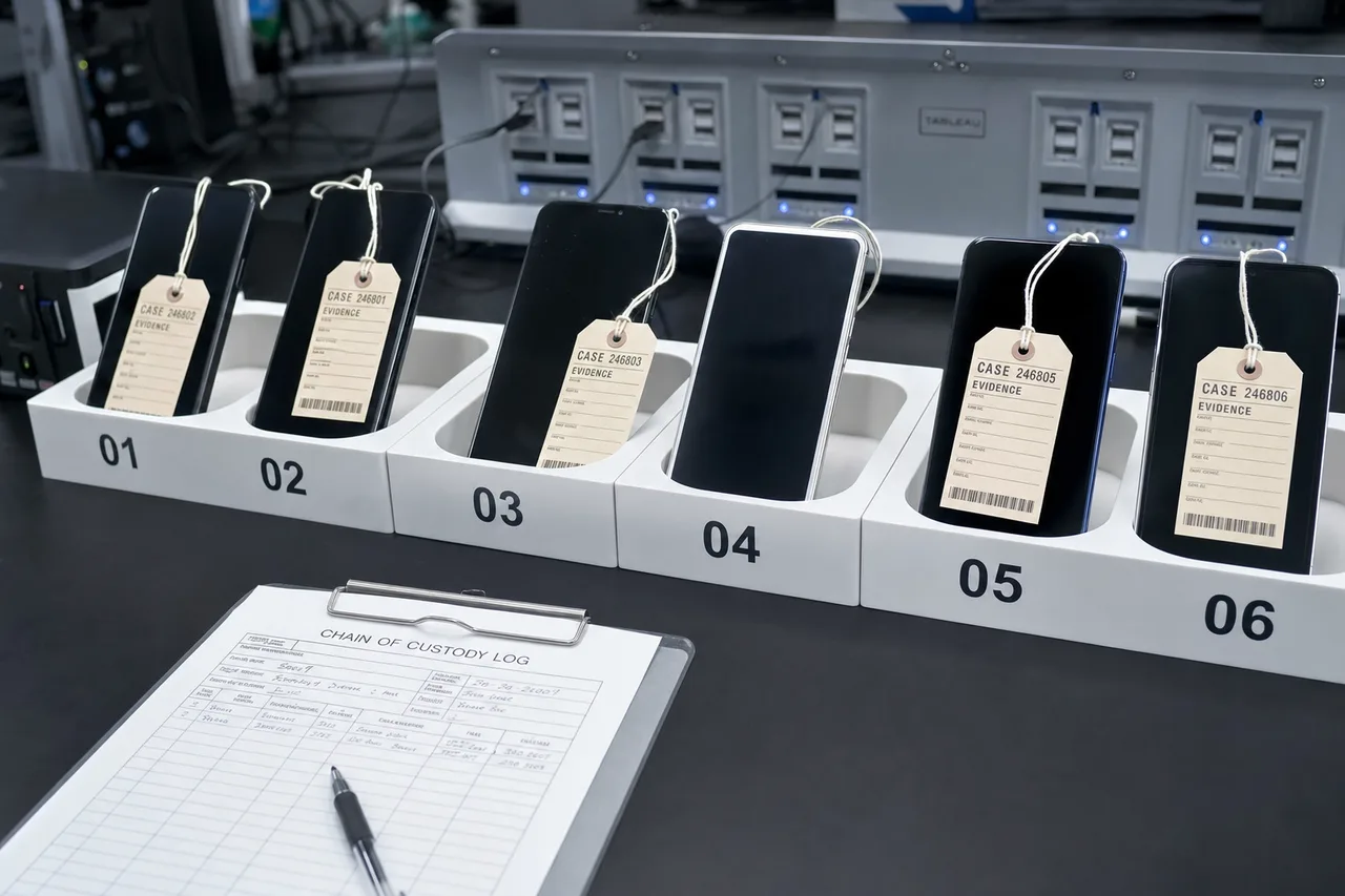A fleet of company-issued phones lined up on a workbench for enterprise data recovery, with diagnostic equipment in the MDrepairs lab