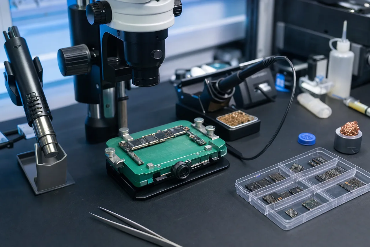 A phone data recovery micro-soldering bench with a stereo microscope, hot-air rework station and trays of storage chips in the MDrepairs lab