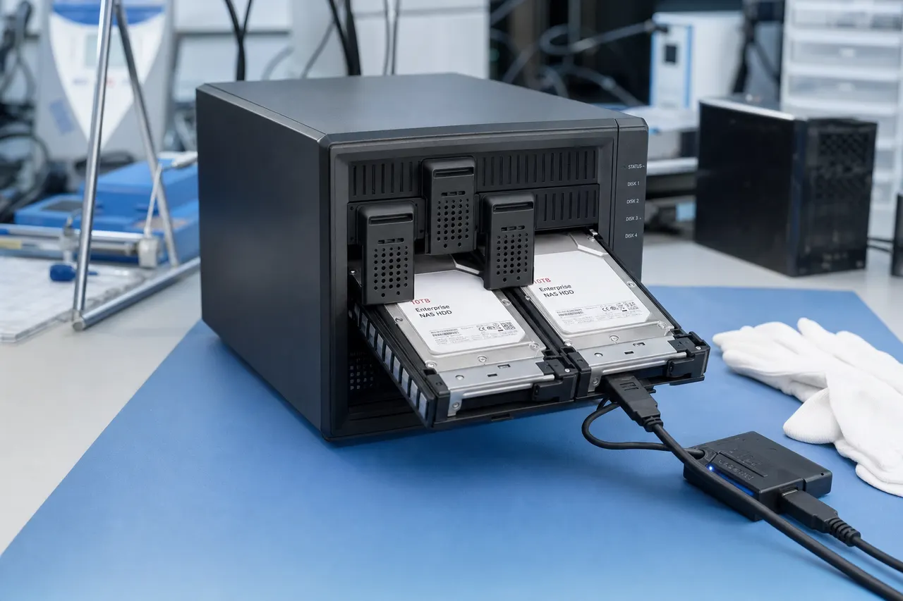 A four-bay desktop NAS enclosure on a technician workbench with two hard-drive caddies pulled out exposing the labeled NAS drives, an imaging adapter cabled to one drive